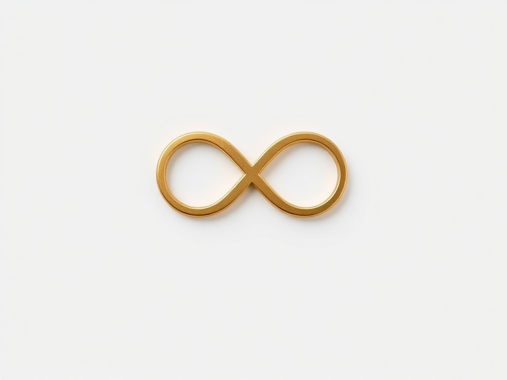A minimalist logo mark composed of two interlocking rings forming an infinity shape, matte gold finish on a white background, soft shadow, photorealistic, 8k, commercial product shot